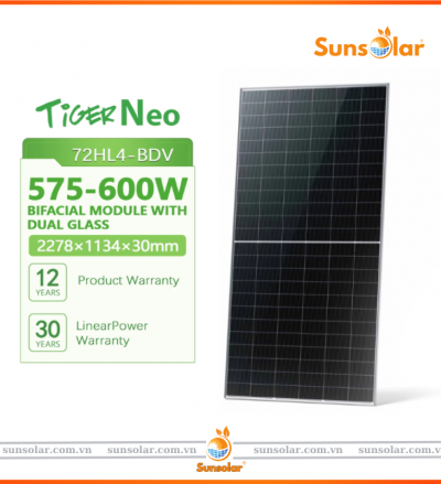 Pin Năng Lượng Mặt Trời Jinko Tiger Neo 580W 72HL4-BDV Bifacial: Công Nghệ Hai Mặt, Tối Ưu Hiệu Suất